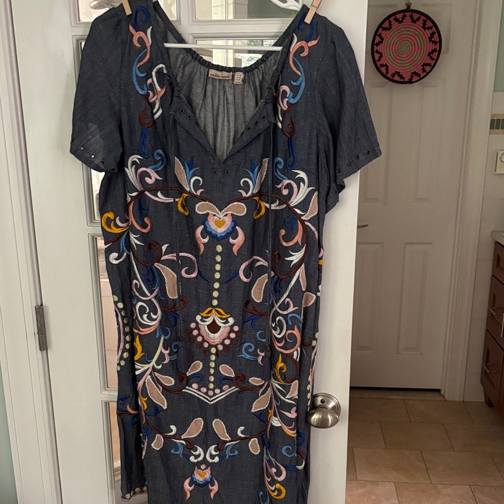 Anthropologie Charcoal Dress with Multicolor Embroidery